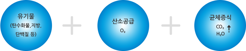 호기성 처리과정 | 유기물(탄수화물, 지방, 단백질 등) + 산소공급(O2) + 균체증식(CO2, H2O 증가)