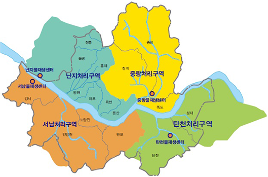 물 재생센터 구역 지도| 중랑물재생센터/난지물재생센터/(주)탄천환경/(주)서남환경